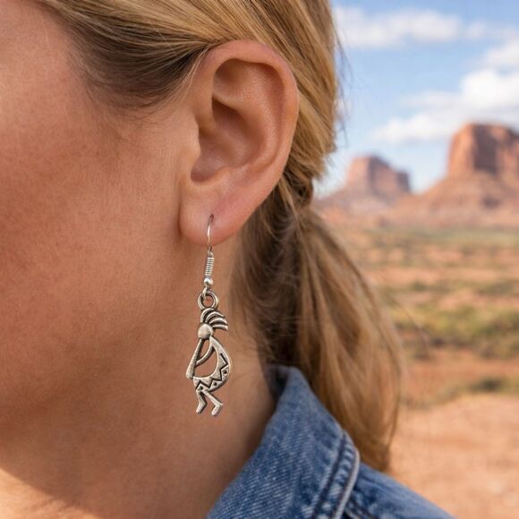 Better World Boutique Jewelry - Kokopelli Indian Earrings NEW Flute Player 925 Silver French Hook Southwest